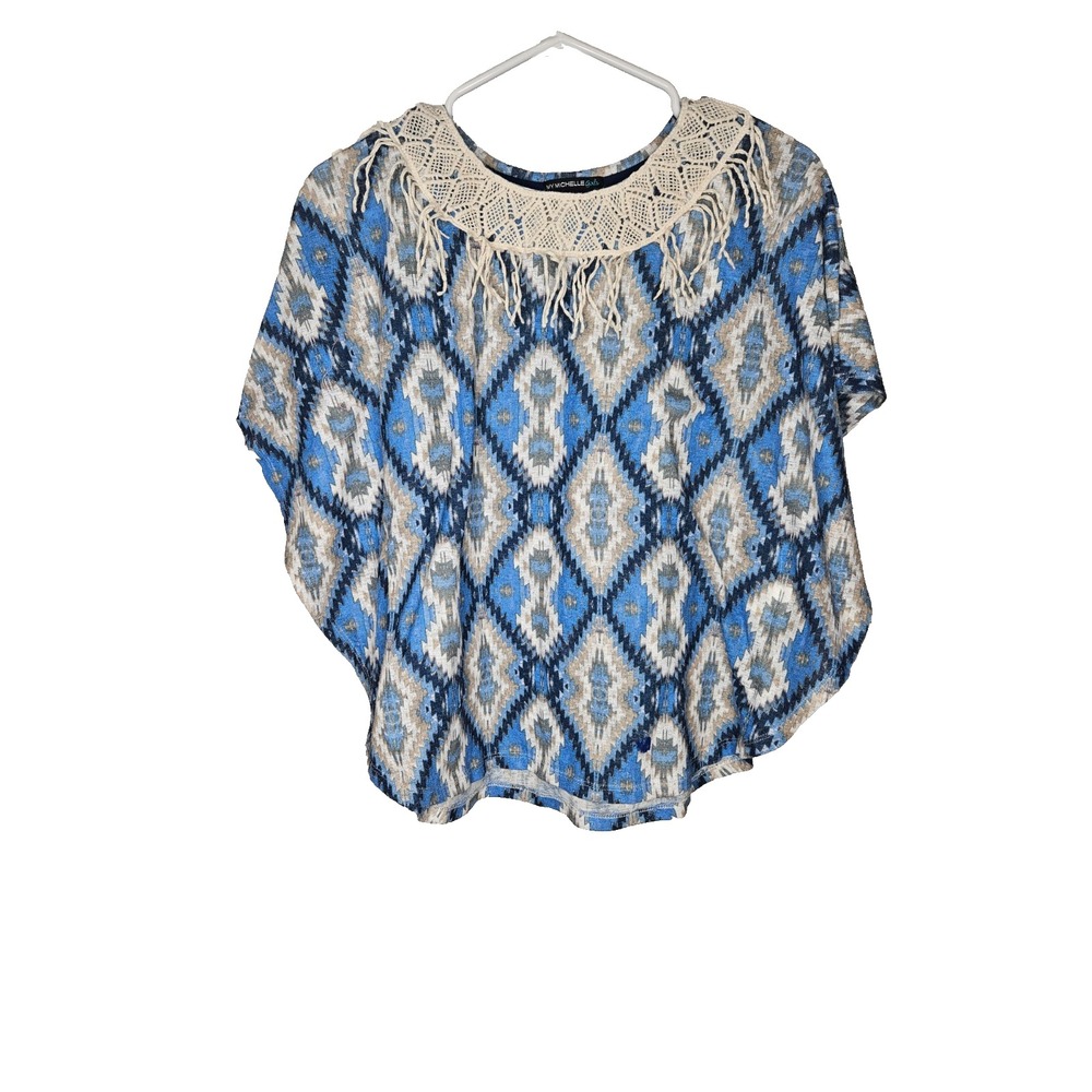 My Michelle Girl XL Blue Aztec Boho Poncho Top Crochet Fringe Neckline Flowy Tee